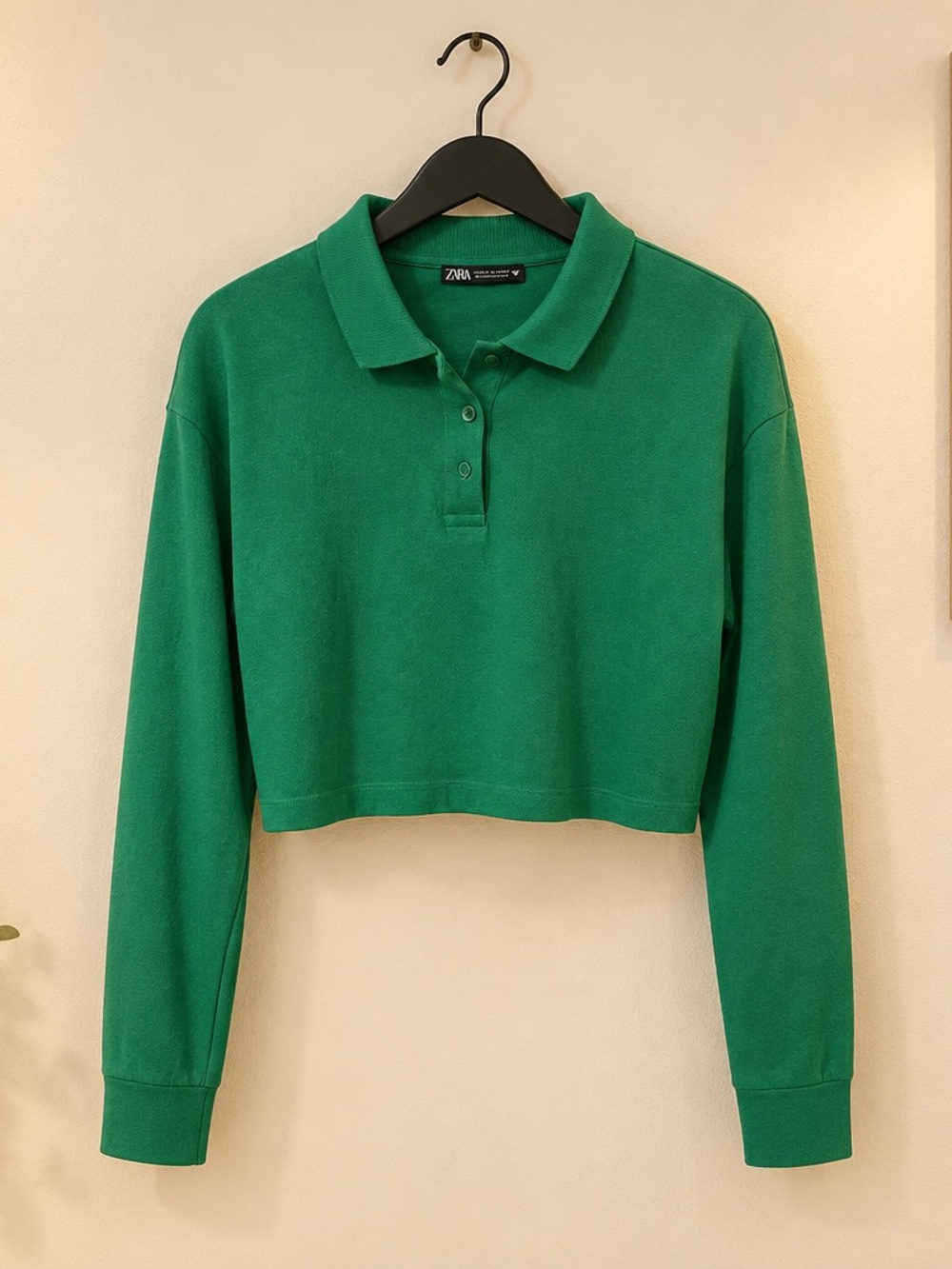 ZARA Green Cropped Long-Sleeve Polo Top